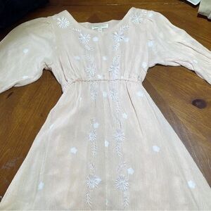 Peach Long Sleeve Dress with Floral Embroidery